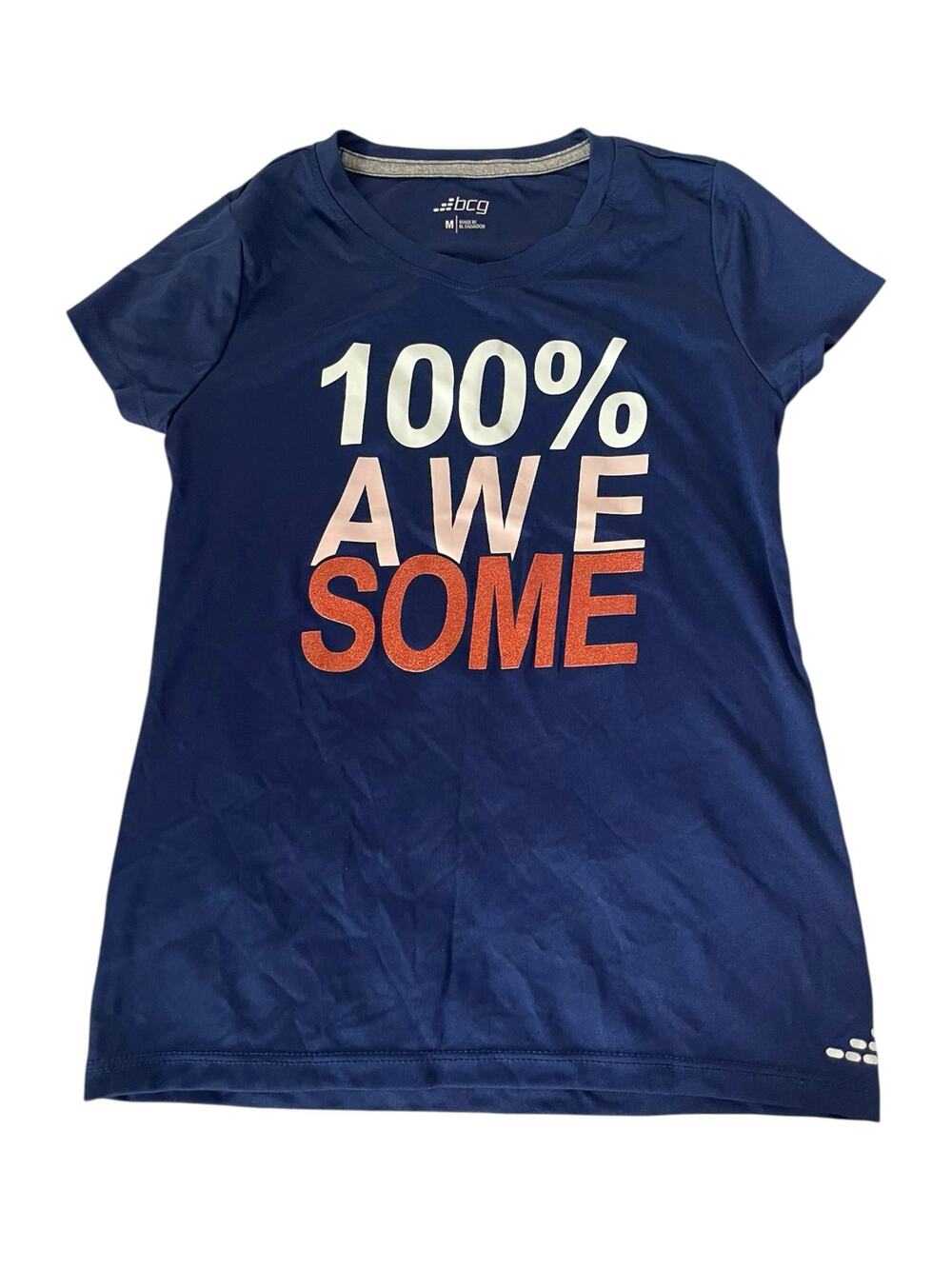 BCG Girls Navy Blue 100% Awesome Short Sleeve Graphic T-Shirt Youth Size Medium